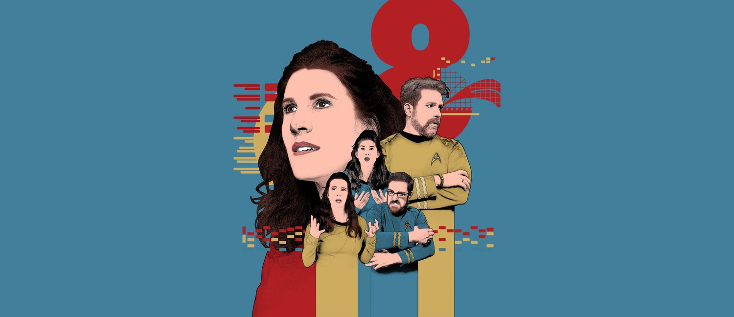 Phasers On Stun cast illustrated in Starfleet uniforms on the show poster